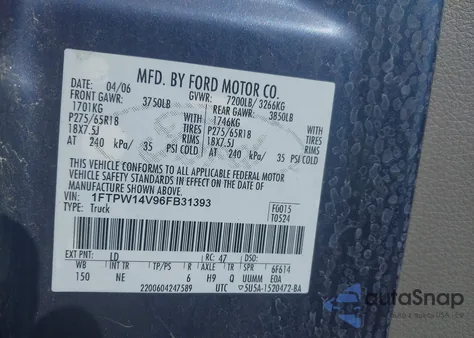 2006 Ford F-150 Fx4/Lariat/Xlt из США, поврежденный, VIN 1FTPW14V96FB31393